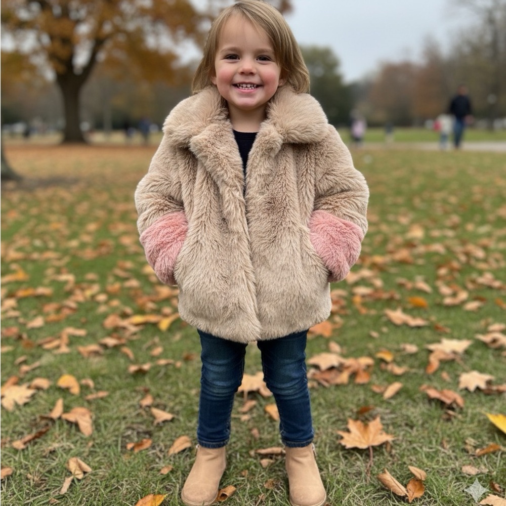 Zara Kids Tan Faux Fur Jacket with Pink Sleeves - Picture 2 of 7